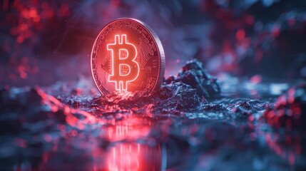 A close-up of red illuminated bitcoin coin on a rocky surface