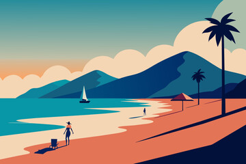 Fototapeta na wymiar Vector ilustration of a beach scene with a man and a boat on the water.