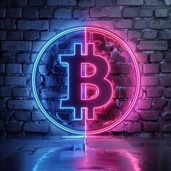 A neon sign of a Bitcoin coin with a red and blue border. Bitcoin Halving concept
