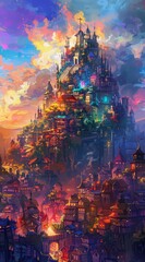 A fantasy cityscape with towering castles, colorful buildings, and lush greenery under the bright sky