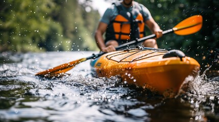 A man in a life jacket paddles an orange kayak in a river - obrazy, fototapety, plakaty