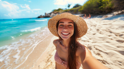A smiling woman wearing a straw hat taking a selfie on a beach