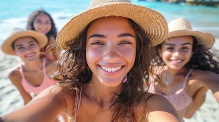 A group of young women with straw hats are smiling and posing for a picture on the beach