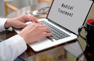 A doctor is typing on a laptop with the words Medical Treatment written on the screen