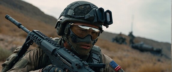 A cyborg soldier fighting in a warzone movie story seen trail cam footage, rear view, wide angle shot, a striking contrast against the soft, blurred background