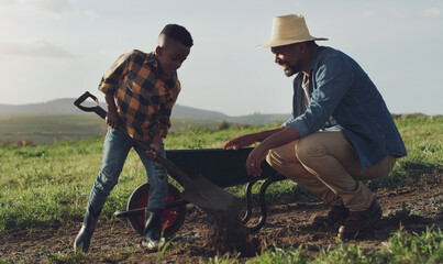 Farm, agriculture and father and child help for farming, planting vegetables and dig in soil. Black...