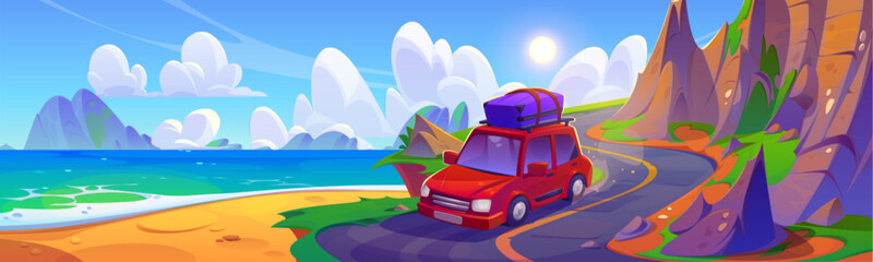 Summer car trip for sea beach vacation travel road. Family drive on ocean holiday with luggage. Coastal ride with mountain view. Go in Europe paradise roadtrip on red vehicle for weekend scenery - obrazy, fototapety, plakaty