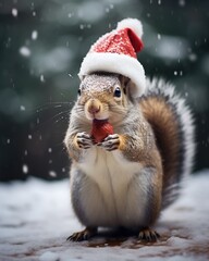 Cute squirrel in red santa hat eating on snowy forest background.