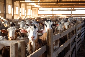Goats in a stable on a farm. Animal husbandry. - obrazy, fototapety, plakaty