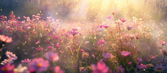Field of spring flowers and sunlight