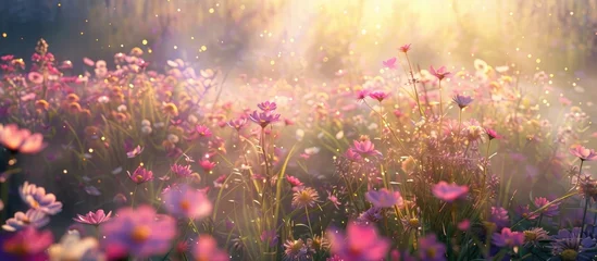 Foto auf Glas Field of spring flowers and sunlight © Vusal