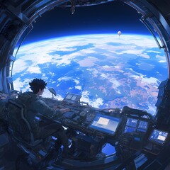 Mission Control: Astronaut Overseeing Earth from Spaceship Window - obrazy, fototapety, plakaty
