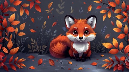 A cute cartoon fox sits in a field of red and orange autumn leaves. The fox has big eyes and a fluffy tail.