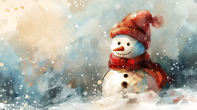 Watercolor Snowman Christmas illustration, generative Ai