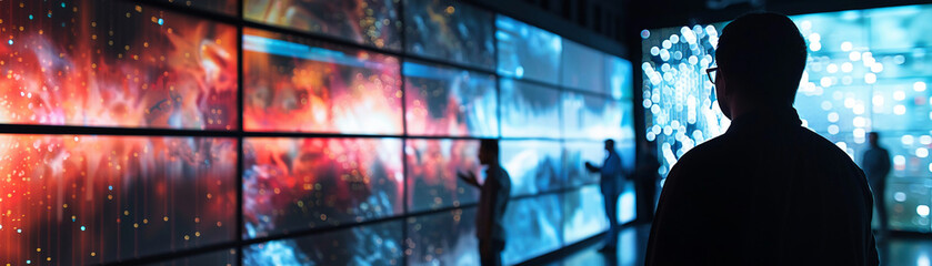 AI storyboard visualization on large screens, creative team discussing, mood lighting, conceptual space , clean sharp focus - obrazy, fototapety, plakaty