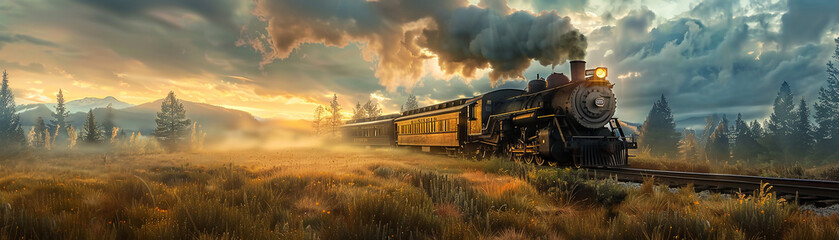 Antique train chugging through fantastical crystal valleys, golden hour glow, steam clouds , no grunge, splash, dust