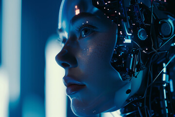 Cinematic portrait of an AI as a film character, futuristic design, soft focus background, dramatic shadows , clean sharp focus