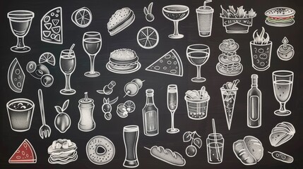 An extensive collection of white doodle illustrations of various foods and drinks on a chalkboard background, ideal for menus or food-related graphics