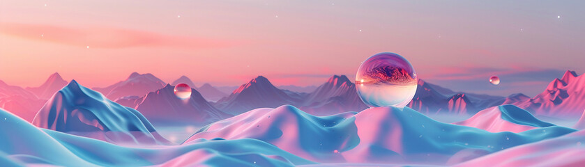 Soft textured mountains with playful pastel spheres, harmonious composition , advertise photo