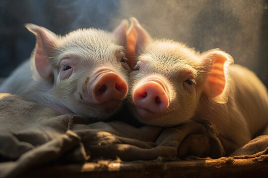 Two piglets lying on the farm. Piglet on a farm