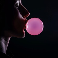 A close-up profile view of a woman blowing a large pink bubble gum against a dark background.