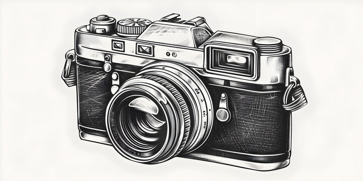 Modern photo camera in engraving style, Vintage camera hand drawn ink sketch. Engraved style on paper background ,  Timeless Engravings of Camera Art  
