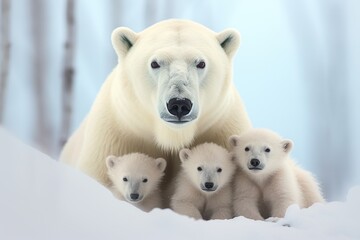 Polar bear with baby cubs on snow in winter.