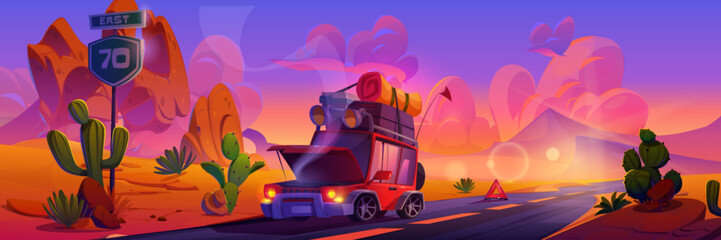 Broken down car with luggage on roof and smoke coming from under open hood standing on road in desert with cactus and rock hills on sunset or sunrise. Cartoon evening landscape with vehicle breakdown. - obrazy, fototapety, plakaty
