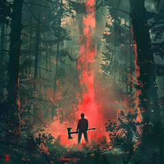 Flaming Forest Hunt: Woodsman Brandishes Axe Amidst Inferno, Illustrating Courage and Tenacity Amid Nature's Wrath