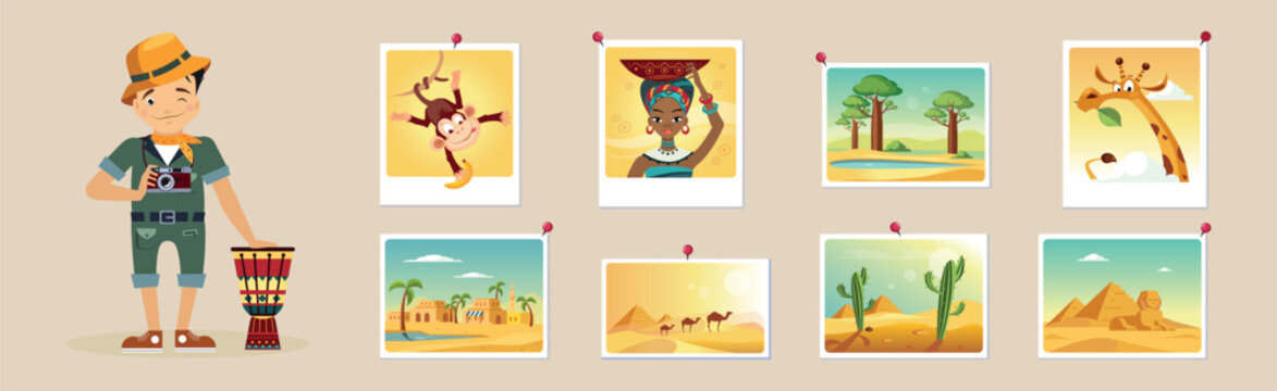 Africa Photographer Surrounded By Photos Vector Set