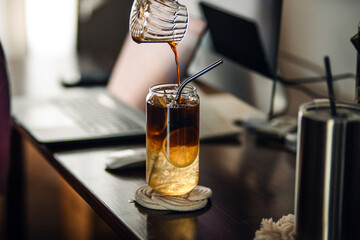 Iced coffee lemon,Iced coffee and lemon in a glass