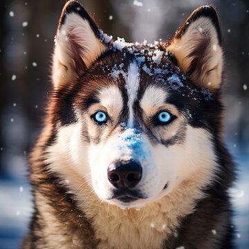 Siberian husky dog with blue eyes in winter forest.
