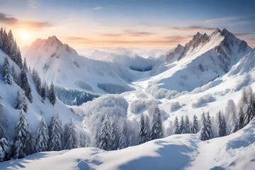 Obraz premium A panoramic canvas of snow-dusted summits, a tranquil alpine dreamscape.