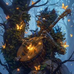 Harmonious Fusion: Tree-Human Plays Melodies on Instrument, Blending Nature's Serenity with Musical Artistry in Enchanting Symphony