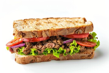 Sandwich with chicken liver pate on white background