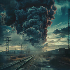 Dense Smoke Billows Along Train Tracks, Shrouding Landscape in Mystery and Drama, Prompting Caution