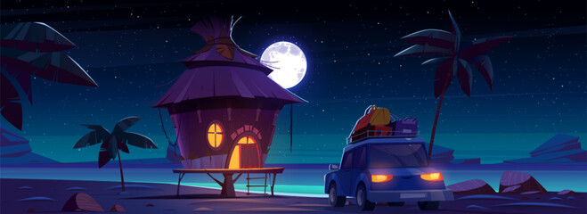 Car travel to beach house for vacation at night. Palm tree and hut on tropical island panorama scene. Holiday journey to ocean in evening. Starry sky and full moon light environment at midnight - obrazy, fototapety, plakaty