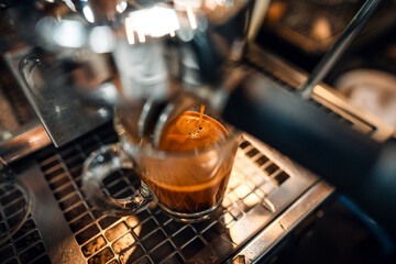 Expresso Coffee machine making a coffee,Fresh espresso shot pouring out of machine - obrazy, fototapety, plakaty