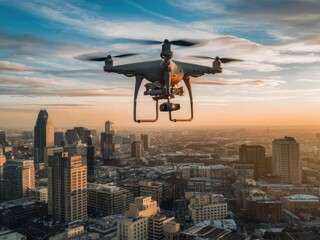 Drone Overlooking a Bustling Cityscape with Generative AI. - obrazy, fototapety, plakaty