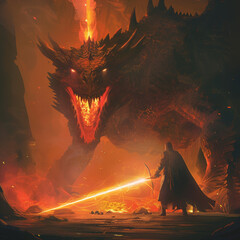 Brave Knight Battles Dragon: Heroic Warrior Confronts Fire-Breathing Beast, Embodying Courage and Valor in Epic Encounter