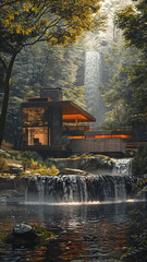 tiny mordern house in future citiscape, waterfall, natural setting,generative ai