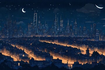 A city skyline at night, a panoramic tapestry of lights under the summer stars.