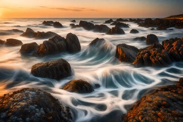 A coastal panorama at dawn, where waves kiss the shore in the soft light of a summer morning.