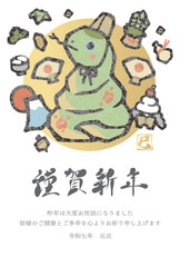 年賀状2025　巳年　巳　へび　版画　筆文字　手描き　和風　年賀はがき　イラスト素材
