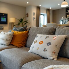 A living room with a gray couch, patterned pillows, and a plant in the corner