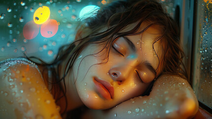 beautiful young girl sleeping in a Carvan, large glass frame, short clothes,generative ai