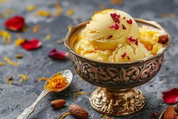 Serve saffron ice cream with dry fruits on a table - obrazy, fototapety, plakaty