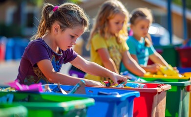 Children learning to recycle, sorting materials into colorful bins, highlighting education and involvement in environmental protection.
