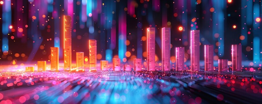 Animated rising statistics in a 3D bar chart showcasing internet usage growth, tech-infused design