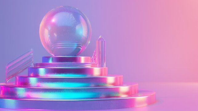 Three-dimensional holographic metal showcase platform displaying goods on an abstract pastel gradient purple background. Hologrammed iridescent cylinder stairs podium with a glass decorative sphere.